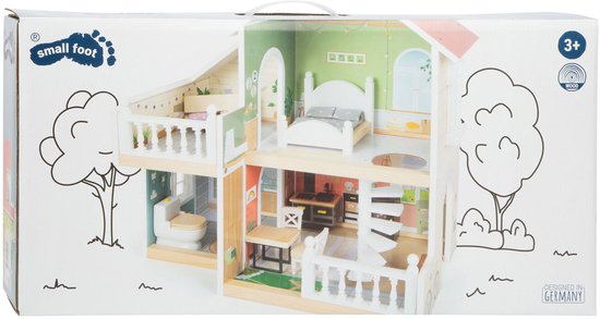 Poppenhuis in doos met gedetailleerde illustratie van het interieur.