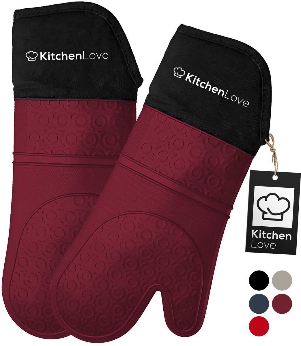 KitchenLove Siliconen Ovenwanten - 2 Stuks - Ovenhandschoenen - Hittebestendig tot 350 °C - EN407 Gecertificeerd - Bordeaux Rood