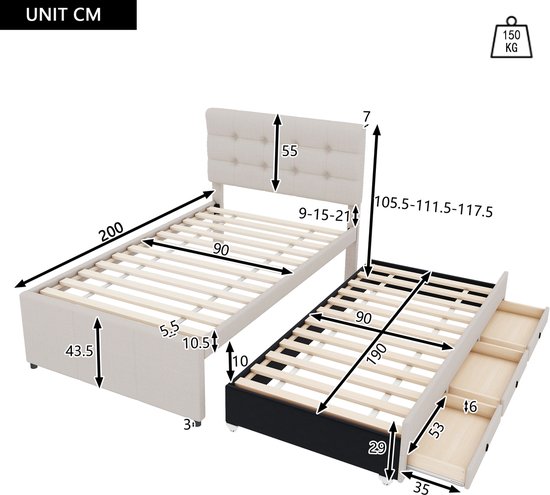 Kinderbed Met Opbergruimte 90x190cm Met Lattenbodem - Gestoffeerd Hoofdbord - Metalen Bedframe Beige Fluweel Zonder Matras