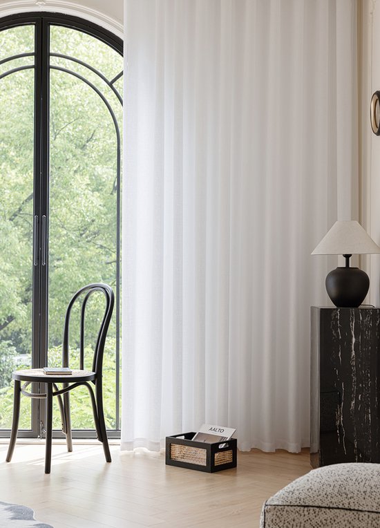 Maroyathome - OLIVIA - Rideau voilage avec ruban plissé - prêt à poser avec crochets - Wit brillant - Aspect lin - 300 x 260 cm - 300 cm de large et 260 cm de haut/long - avec câble de suspension