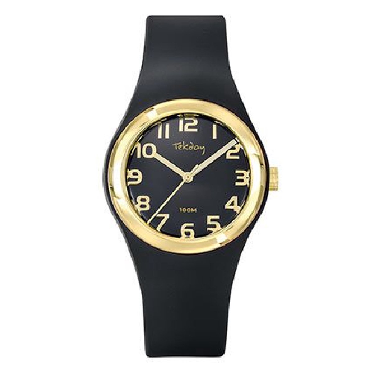 Tekday-model 654854-Dameshorloge-zwart-goudkleurig-10 atm waterdicht-diameter 33 mm-sporten-zwemmen-hoog draagcomfort