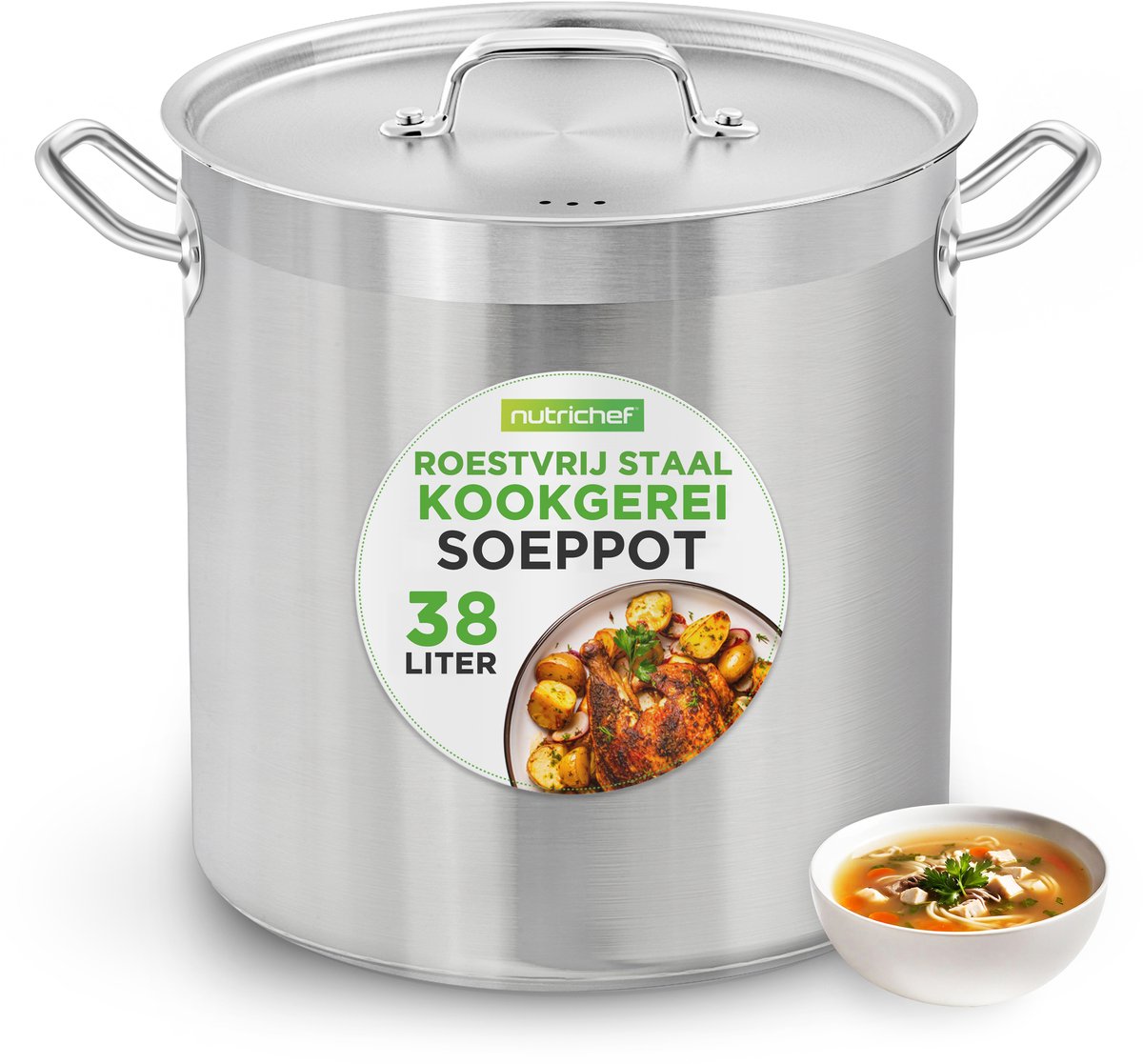 NutriChef Kookpot - 36 Liter Soeppot -Roestvrijstalen Soeppan- Zware Inductie Kookpan met Deksel en Sterke Handvaten- Stoofpot-Compatibel met de meeste Kookplaten