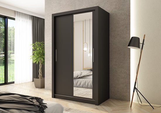 Promeubels - Armoire Miami - 120 cm - Zwart mat - avec miroir - Porte coulissante - Meuble de rangement