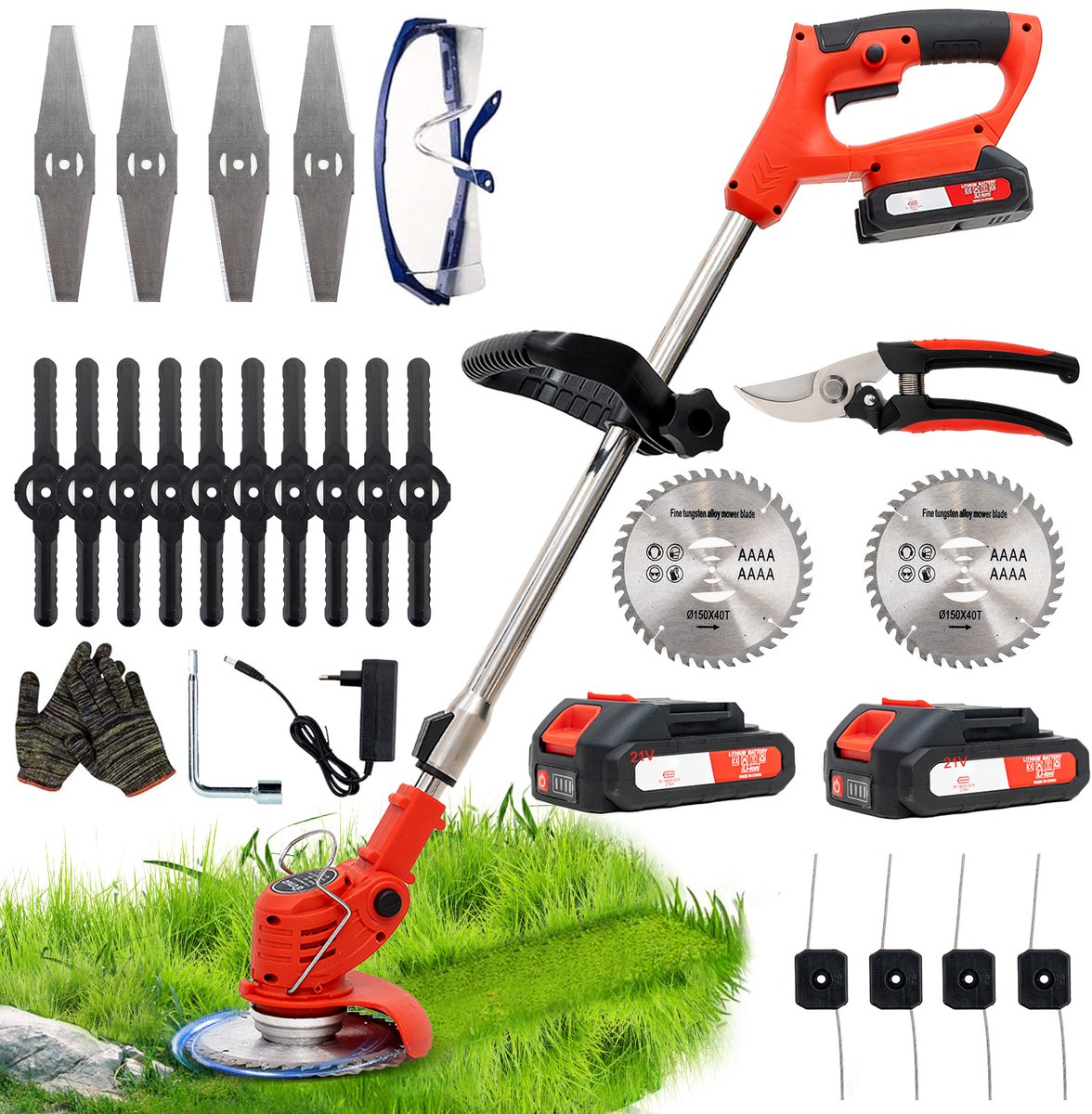 Accu Grastrimmer, OUTIGO Grastrimmer, Telescopische steel, Wordt geleverd met 2-batterijen en 4-soorten messen+ tuinschaar, Draagbare tuingrasmaaier, verstelbare telescopische geleidehandgreep