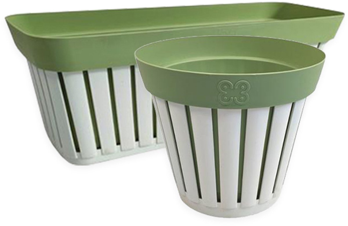Bloempotten 'Kreta' - Bloembakken - 2 stuks - Plantenbakken voor buiten - Balkon - Wit - Groen