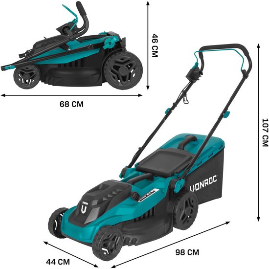 Turquoise grasmaaier met afmetingen 98x44x107 cm en een compacte vouwstand van 68x46 cm.