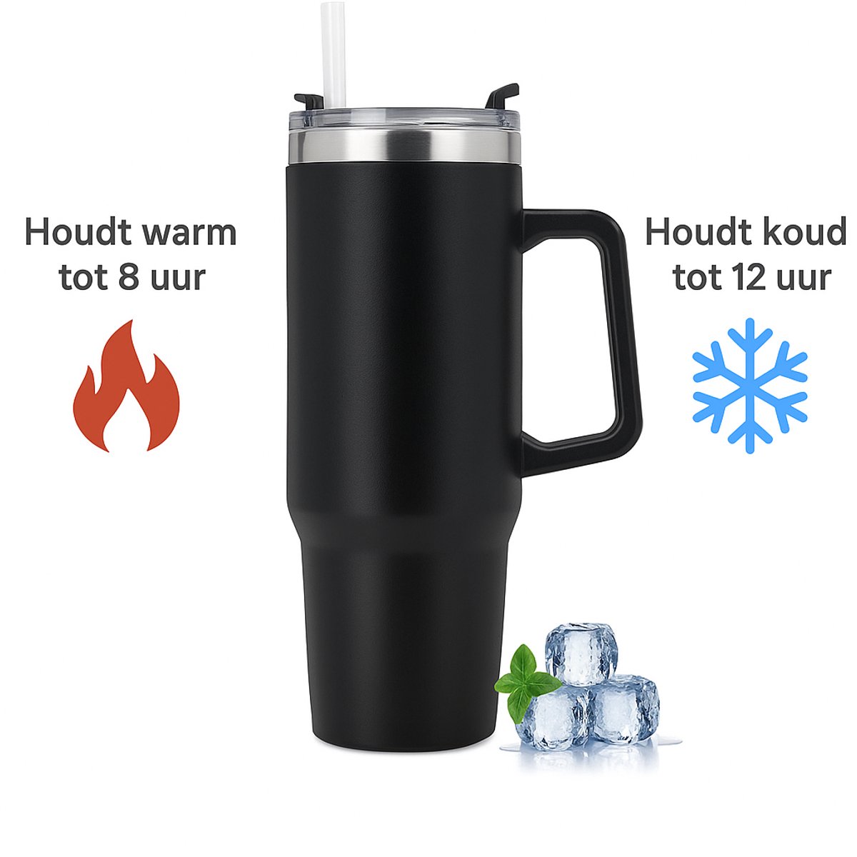Narvie Thermosbeker 900ML – Dubbelwandig Roestvrij Staal met Rietje, Deksel en Handvat – BPA-vrije Vacuümbeker voor Koude en Warme Dranken – Zwart