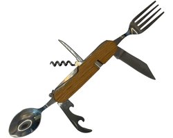 HEM 7-in-1 Camping Bestekmes – Multitool met Vork, Lepel, Mes, Kurkentrekker & Flesopener – Houten Handvat – Compact Outdoor Bestek voor Kamperen, Reizen & Hiking” Zakmes met bestek