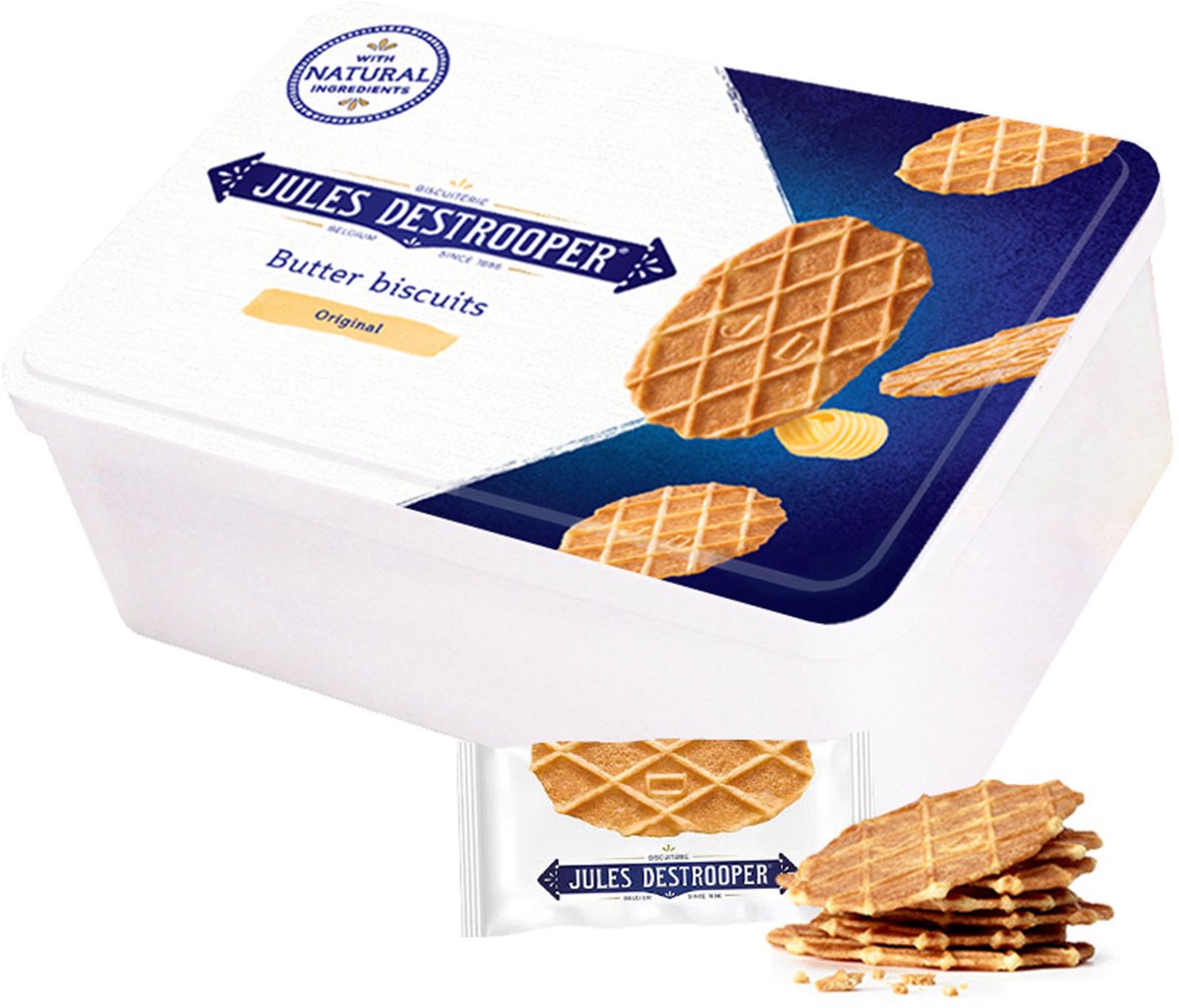 Jules Destrooper geschenkdoos - Natuurboterwafels pocket - 24 koekjes - boterwafels in koekblik - Belgische koekjes - 144g