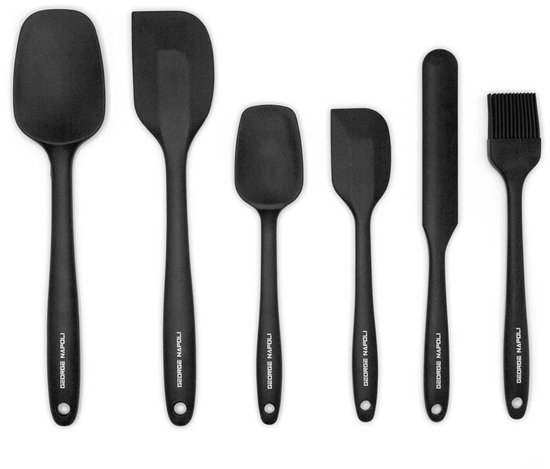 George Napoli Siliconen spatel set 6x Zwart | Pannenlikker | Lepel | Keukengerei | BBQ Accesoires | Oliekwast | Keukengerei set