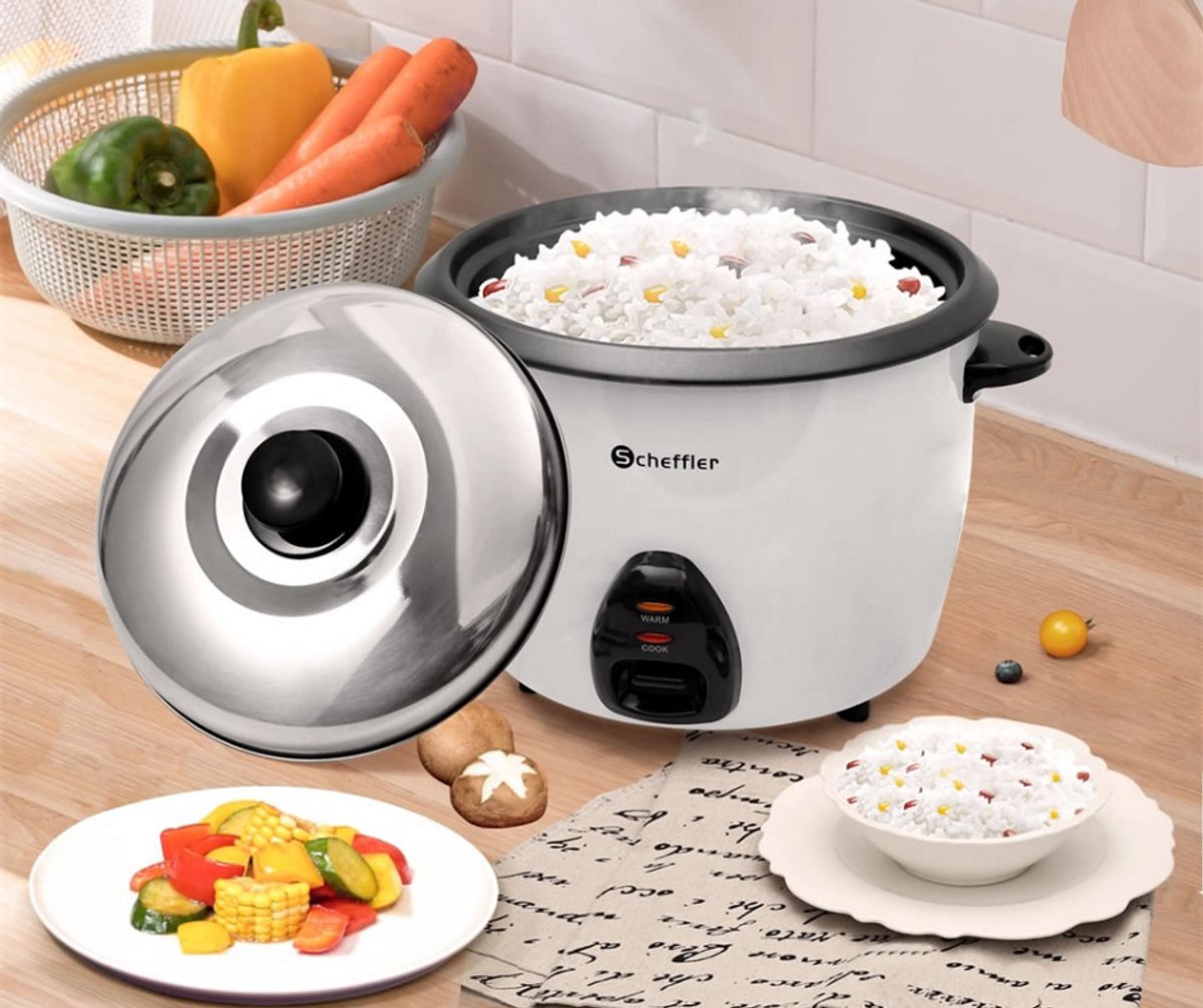 Scheffler Rijstkoker 1.5L – Kleine Multicooker met Warmhoudfunctie – Antiaanbaklaag – Inclusief Rijstlepel & Maatbeker – RVS Deksel – 500W – foto 3