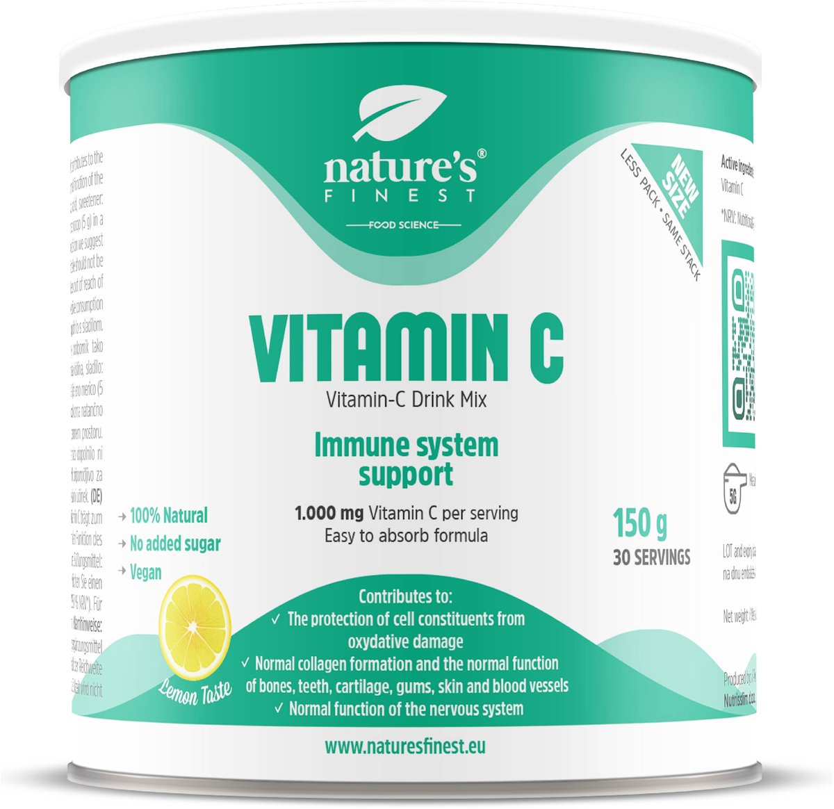 Nature's Finest Vitamine C 1000 mg Poeder - Hoog Gedoseerde Vitamine C Supplement - Ondersteunt Immuunsysteem, Vermindert Vermoeidheid, Beschermt Tegen Oxidatieve Stress - Vegan, Suikervrij, 150g voor 30 Dagen - Citroensmaak