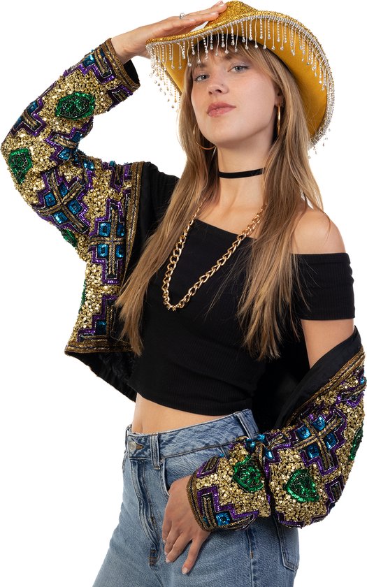 KIMU Cowboyhoed Goud Strass Steentjes - Zwarte Cowgirl Western Hoed - Stoere Cowboy Diamantjes Glitter Dames Carnaval