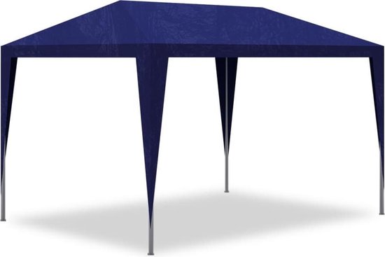 Tonnelle bleu marine avec structure argentée et pieds inclinés.