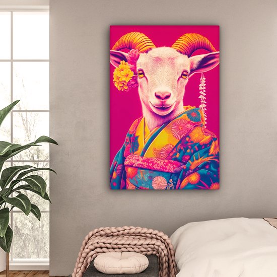 Tableau sur toile 80x120 cm - Décoration murale exclusive Chèvre - Cornes - Kimono - Coloré - Décoration murale salon - Décoration chambre - Accessoires de décoration - Peintures sur toile