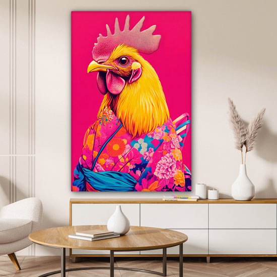 Tableau sur toile 80x120 cm - Décoration murale exclusive Coq - Coloré - Kimono - Rose - Décoration murale salon - Décoration chambre - Accessoires de chambre - Peintures sur toile