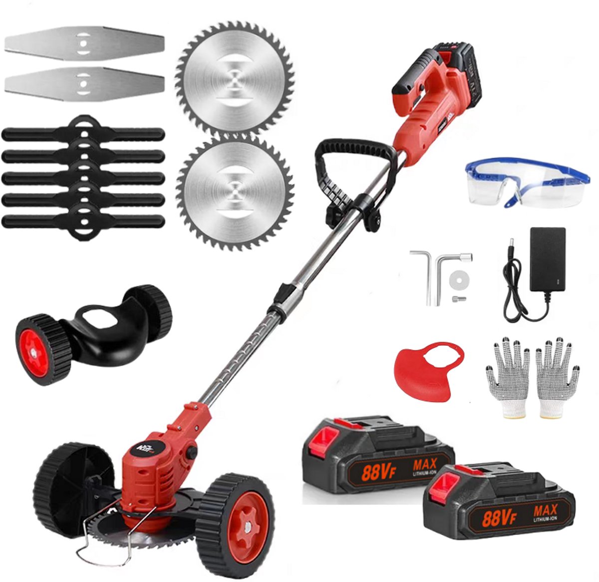 Traumheim® 3-in-1 Kantenmaaier – Grastrimmer – Bosmaaier – Grasmaaier – Draadloos & Elektrisch – Incl. 2 Accu ‘s & Snellader– met wielen –Red-15cm Cutting Diameter