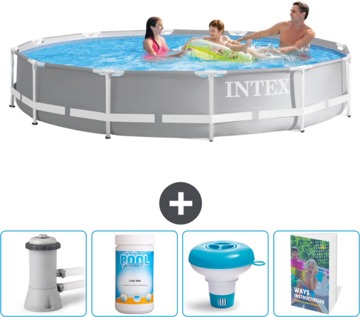 Intex Rond Prism Frame Zwembad - 366 x 76 cm - Grijs - Inclusief Zwembadfilterpomp - Chloor - Chloordrijver - Zwembadgids