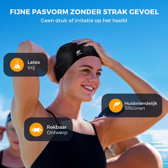 Vrouw met zwarte Kyrox badmuts en zwembril, met aanwijzingen dat het latexvrij, huidvriendelijk en rekbaar is.