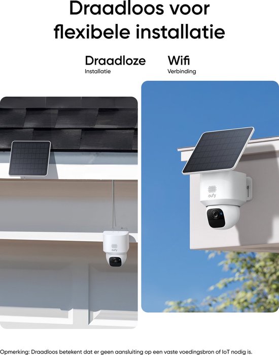 Witte beveiligingscamera met zonnepaneel op dak en aan de muur, voor draadloze installatie.