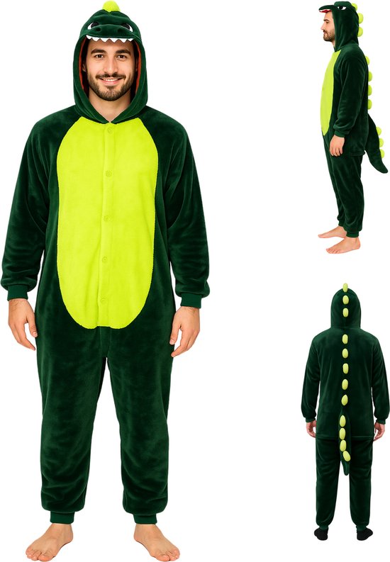 Joya Kids® Dinosaurus Verkleedpak Groen | Onesie Jumpsuit voor Volwassenen | Krokodil Draak Kostuum | Huispak voor Carnaval, Halloween & Verkleedfeest | Maat M