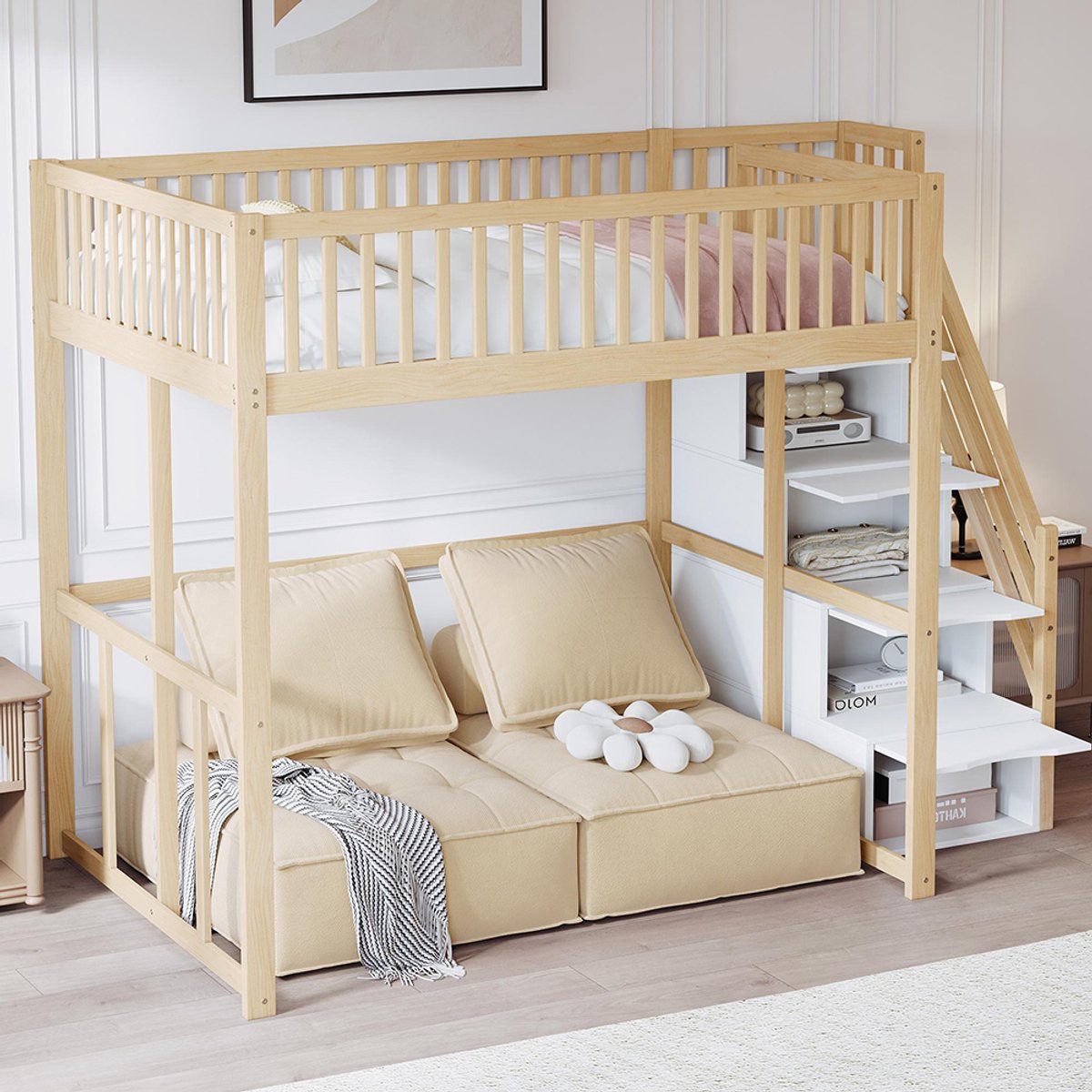 Komhtom Mezzaninebed Dubbel bed 140x200 cm met veiligheidsladder, bed van massief grenen, geschikt voor kinderen en tieners, houtkleur