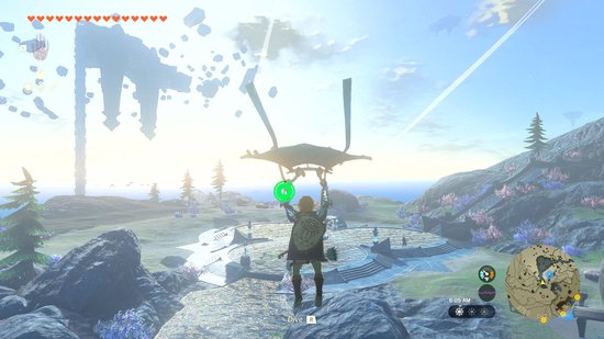 Link staat op een ronde platform met een groot vliegend apparaat, klaar om te duiken in een mystieke omgeving.