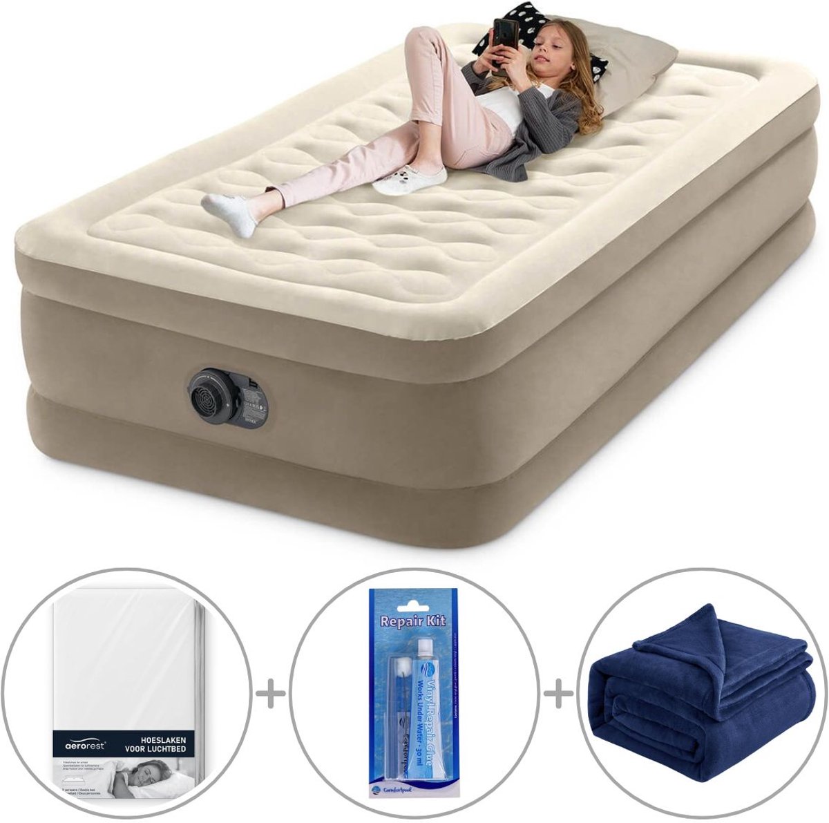 Intex Twin Ultra Plush Luchtbed met ingebouwde pomp | Eenpersoons | 191 x 99 x 46 cm | Inclusief reparatiekit + hoeslaken + fleece deken