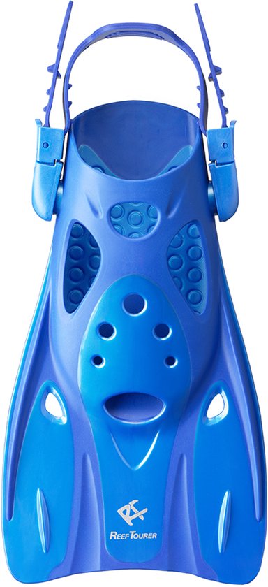 Une seule palme bleue avec des sangles réglables, sur fond blanc.