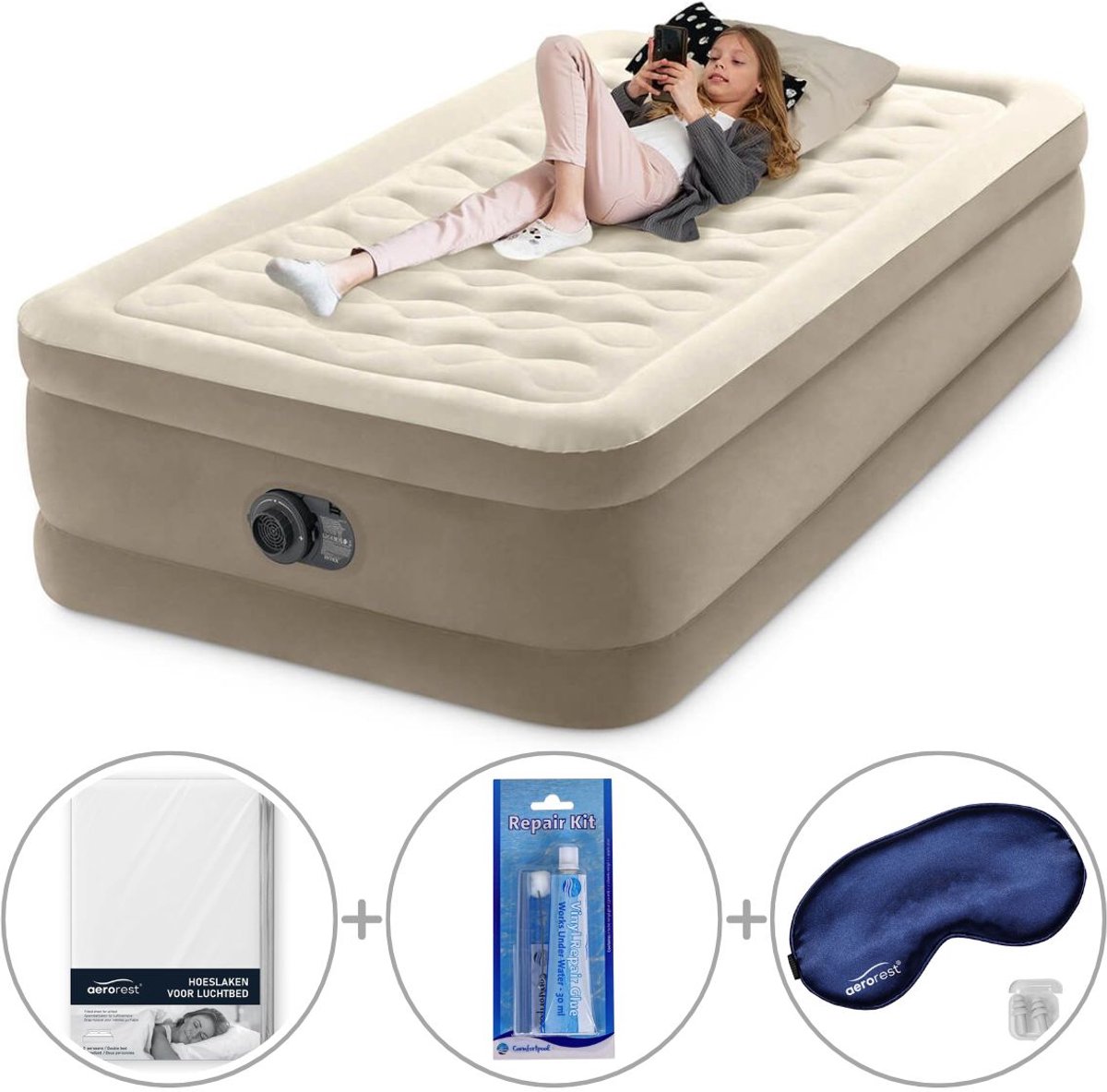 Intex Twin Ultra Plush Luchtbed met ingebouwde pomp | Eenpersoons | 191 x 99 x 46 cm | Inclusief reparatiekit + hoeslaken + slaapmasker