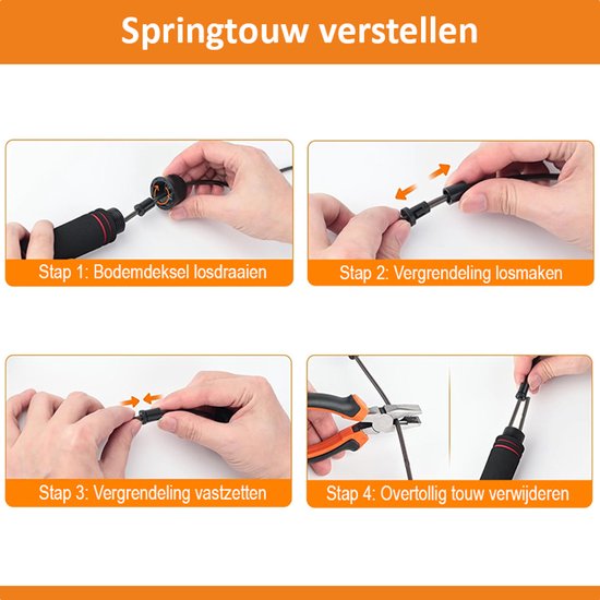 Vier stappeninstructies voor het verstellen van een springtouw.
