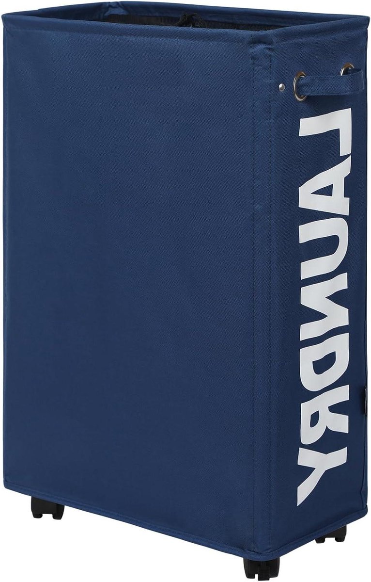 25-Inch Slim Wasmand op Wieltjes Inklapbare Rollende Opvouwbare Smalle Hoekopbergmand voor Kleding (Donkerblauw)