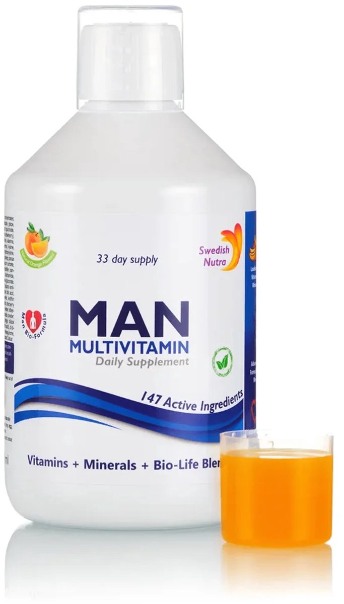 Hoogwaardige Vloeibare MAN Multivitamine -Energieverhogend-Ondersteuning spiergroei en herstel-Bot gezondheid-hartgezondheid-Libido-Multivitamine met BCAA’s-Vitamins-Mineralen-Bio life -Ginseng- Vegan- Glutenvrij- Lactosevrij-GMO-vrij- 500 ML