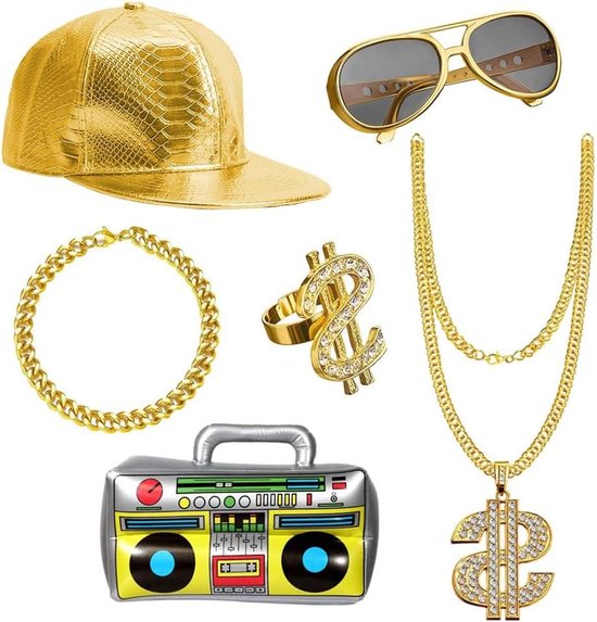 UBERMing Hiphop-kostuumset inclusief opblaasbare radiodoos, gouden baseballpet, zonnebril, dollarbord, ketting, ring en rapper gouden ketting voor 80s 90s hiphop-accessoires, feestbenodigdheden