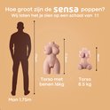 Vergelijking van Sensa-poppen op schaal 1:1 ten opzichte van een man van 1,75m. Tekst: Hoe groot zijn de Sensa poppen?