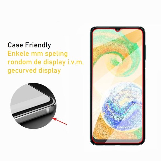Screenprotector van gehard glas, 'Case Friendly'. De rode lijn toont de rand van de telefoon met een lichte curve.