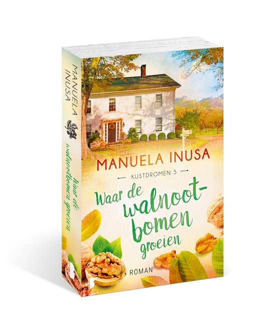 Boekcover met titel, auteur, huis, walnoten en bladeren.