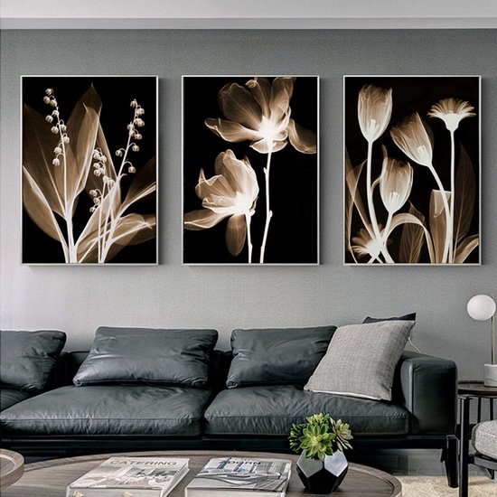 Allernieuwste.nl® Peinture sur toile SET 3 pièces Luxe Floral Splendor Nature morte - Réaliste - couleur - Set 3x 30x40cm chaque cm