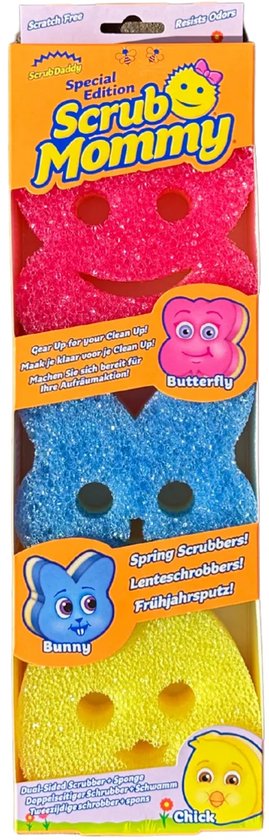 Een verpakking met drie Scrub Mommy sponzen: een roze vlinder, een blauw konijn en een gele kuiken.