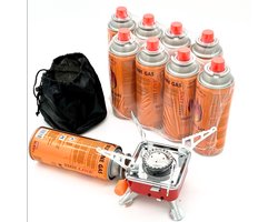 SMH LINEĀ® Mini Camping kooktoestel - Gasbrander - Opvouwbaar - Incl. 8x gasflessen