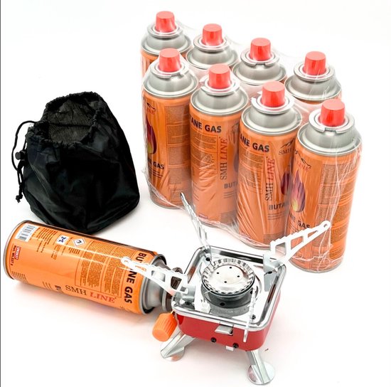 SMH LINE® Mini Camping kooktoestel - Gasbrander - Opvouwbaar - Incl. 8x gasflessen