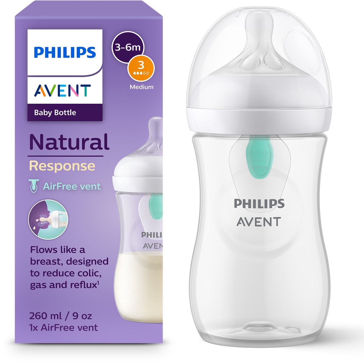 Philips Avent Natural Response Babyfles met Airfree-ventiel - 1 Fles - 260ml - 1+ maanden - Snelheid 3-speen - SCY673/01