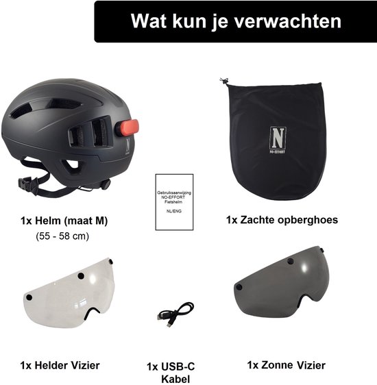 NO-EFFORT Fietshelm Volwassenen - Met LED Verlichting - Verstelbare Fiets Helm - Elektrische Fiets - Fatbike - Speedpedelec - Maat M 55 - 58 cm - Zwart - Cycling Helmet — afbeelding 4