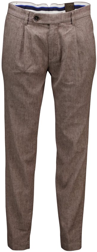 Bruine linnen broek met plooien en knoopsluiting.