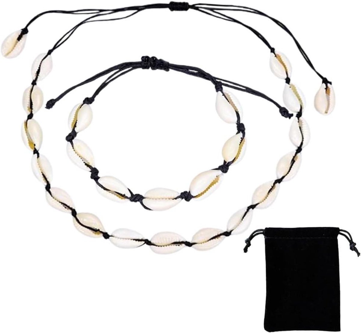 Schelpkettingen set met armbanden, enkelbandje, halsketting - Handgemaakt - Verstelbaar - Calzerotto - Velours opbergtas - 32-72cm