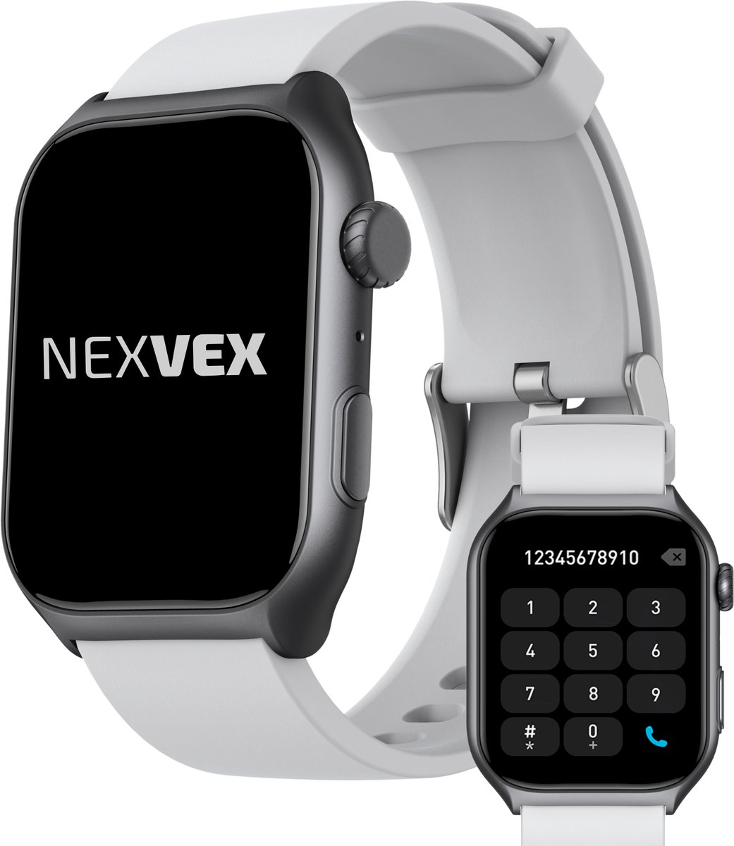 Nexvex® Luxe 2X Smartwatch voor Dames en Heren - Sporthorloge met Belfunctie - Bloeddrukmeter - Stappenteller - Sport Horloge met Hartslagmeter - Smart Watch Saturatiemeter - Bluetooth Activity Tracker - Android/iOS - 2.0 Inch - Wit Horlogebandje