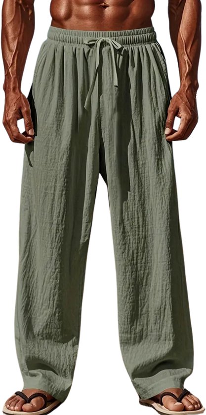 LVCBL Linnen herenbroek, lange zomerbroek, casual, effen, strand, dagelijks gebruik, broek met trekkoord, Kaki, XL