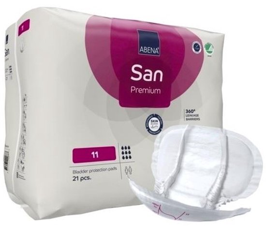 Verpakking met 21 Abena San Premium 11 inlegkruisjes, met een los inlegkruisje op de voorgrond.
