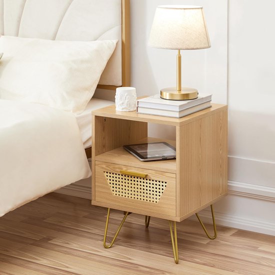 Set de 2 tables de chevet, design en rotin, table d'appoint avec 1 tiroir et 1 compartiment de rangement ouvert, table de chevet, pieds en métal, table de chevet, table de canapé pour chambre/salon, marron clair