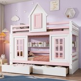 Bol.com Stapelbed - Kinderbed met dak en raam - 2 lades met wielen - Open plank - opbergruimte - Roze - 90x200cm - zonder matras aanbieding